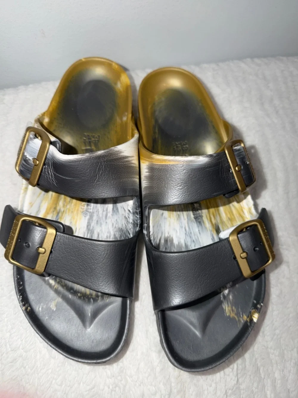 Birkenstock Grey and Gold Double Buckle Slides - Picture 6 of 6